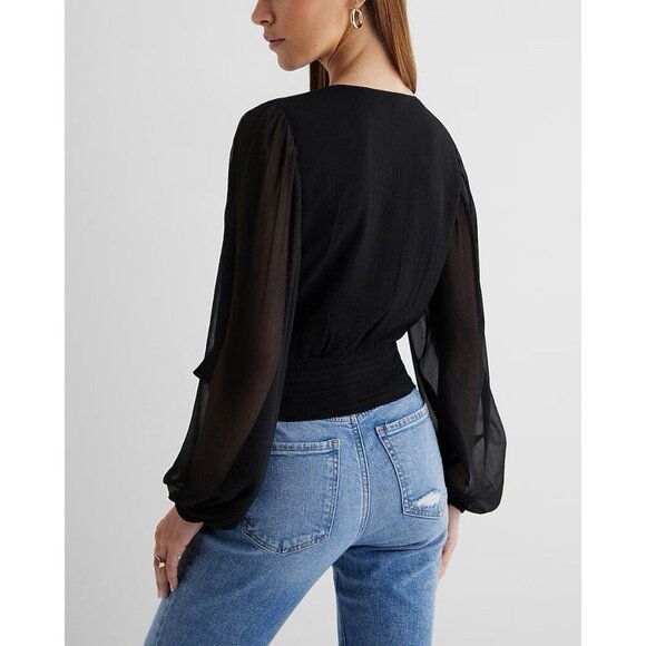 Express Women's Tie Waist Top Size XS Black V-Neck Faux Wrap Sheer Sleeve NWT$54 - Picture 3 of 16